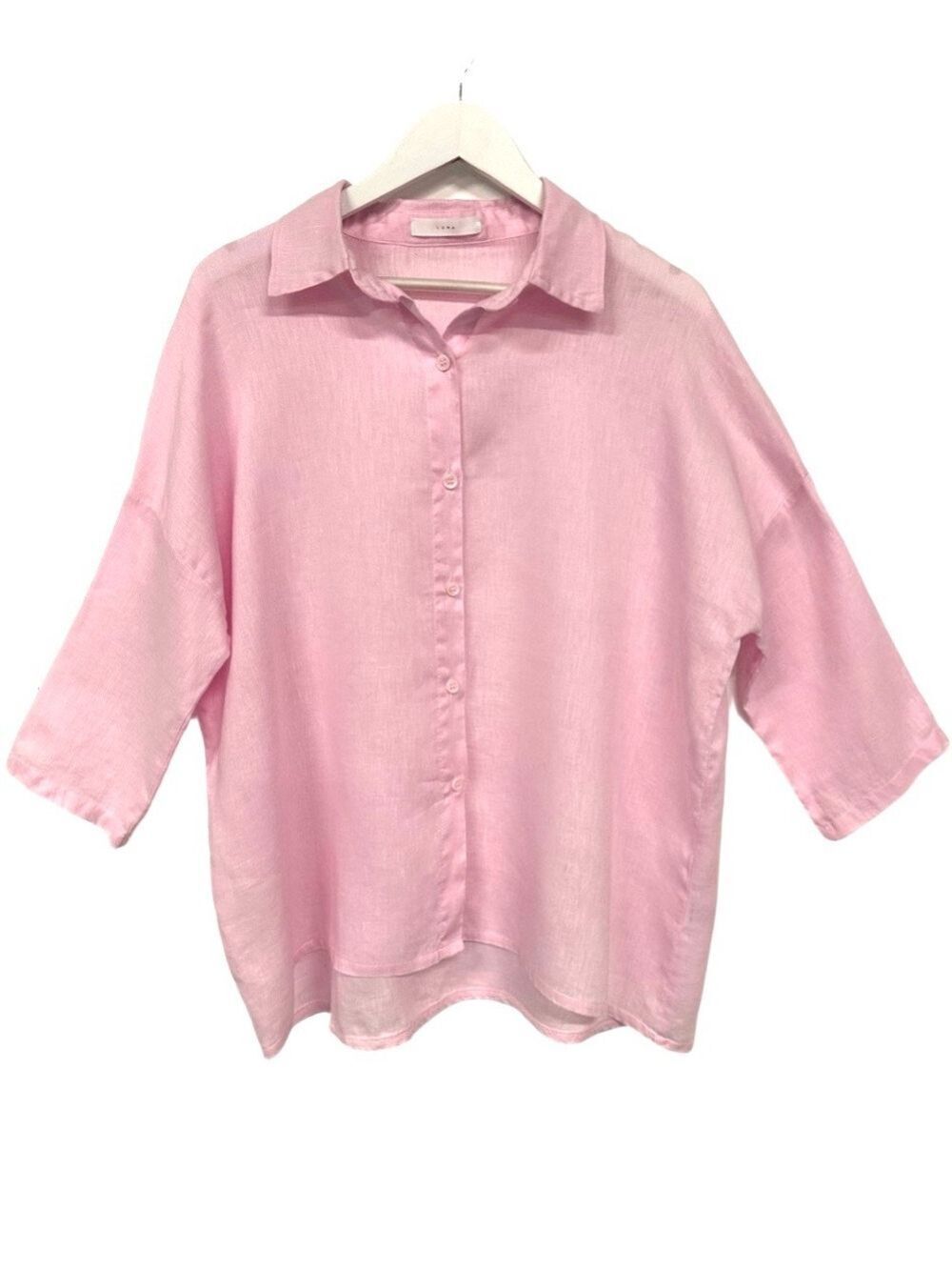 Luna soft pink linen button down womens shirt XL Lagenlook relaxed fit